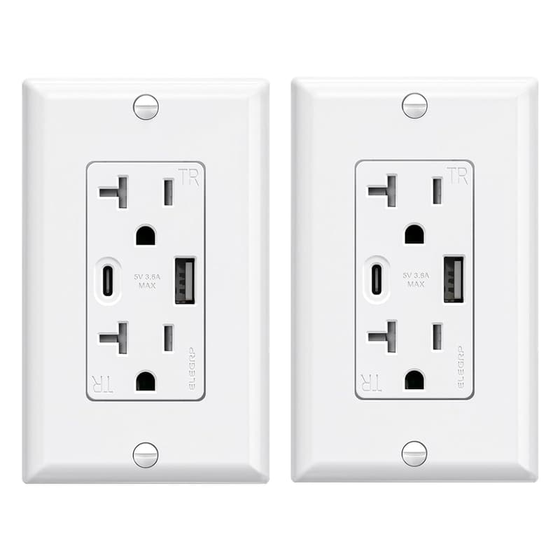 20 Amp USB Wall Outlets with A & C Ports - 2 Pack, White