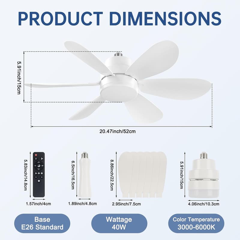 Dimmable E26 Socket Fan Light with Remote & LED Replacement Board