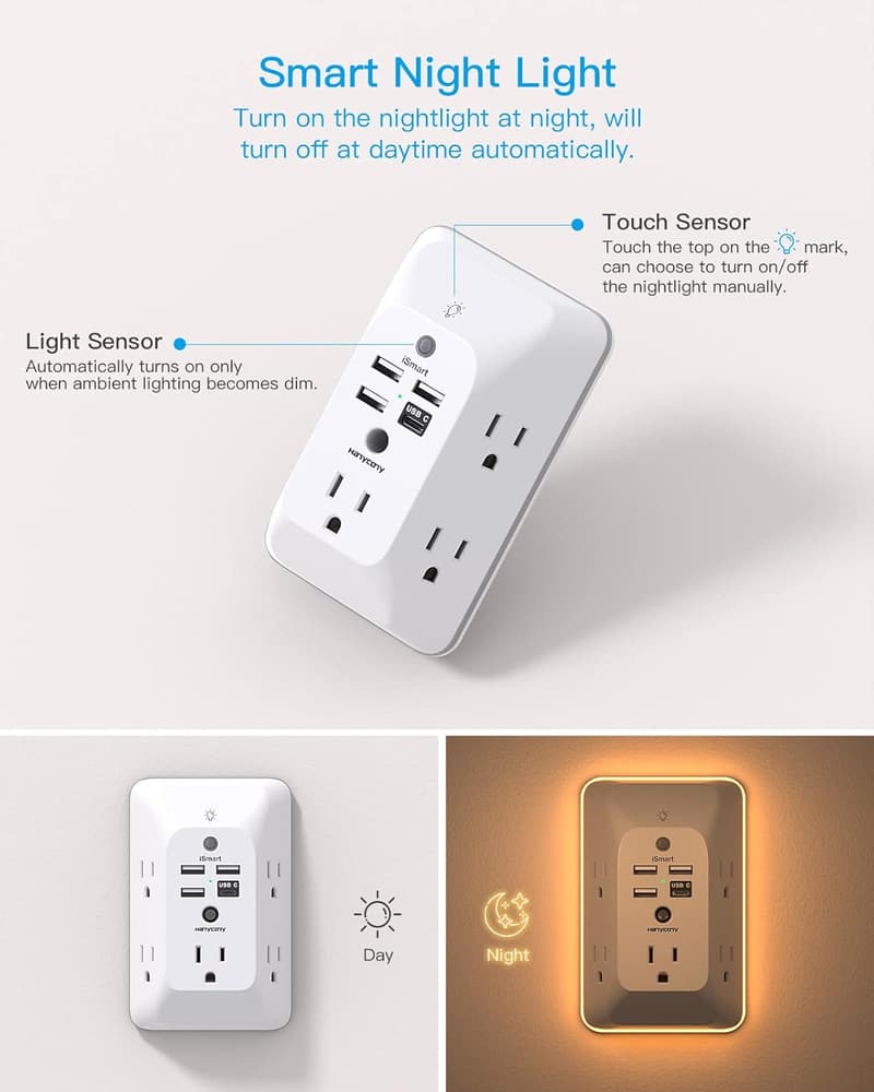 HANYCONY USB Wall Charger Surge Protector with Night Light