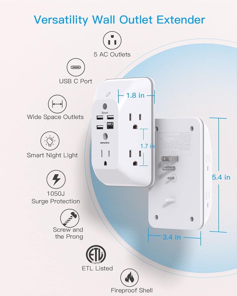 HANYCONY USB Wall Charger Surge Protector with Night Light