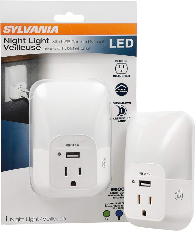 LED Night Light with USB Port, 3-Color Select - Frosted