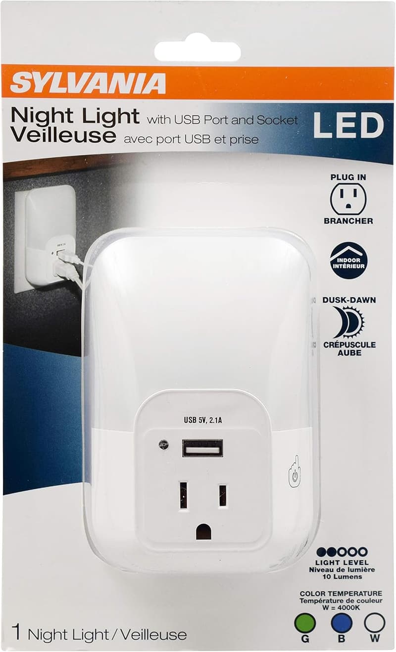 LED Night Light with USB Port, 3-Color Select - Frosted