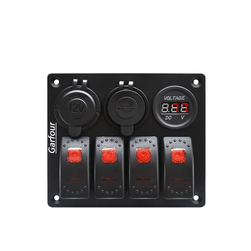 Red Waterproof Boat Rocker Switch Panel with Dual USB and LED Voltmeter