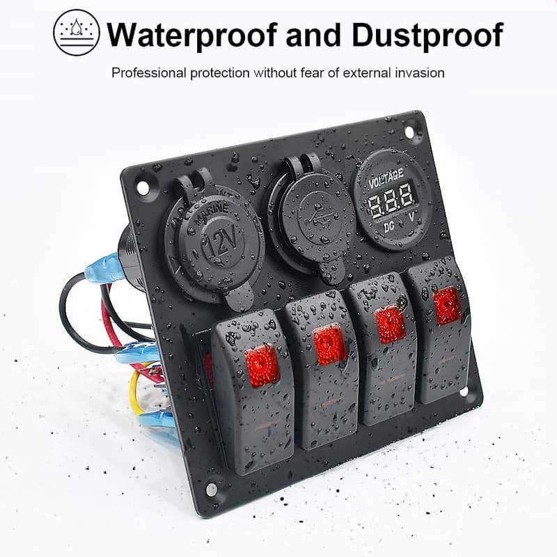 Red Waterproof Boat Rocker Switch Panel with Dual USB and LED Voltmeter