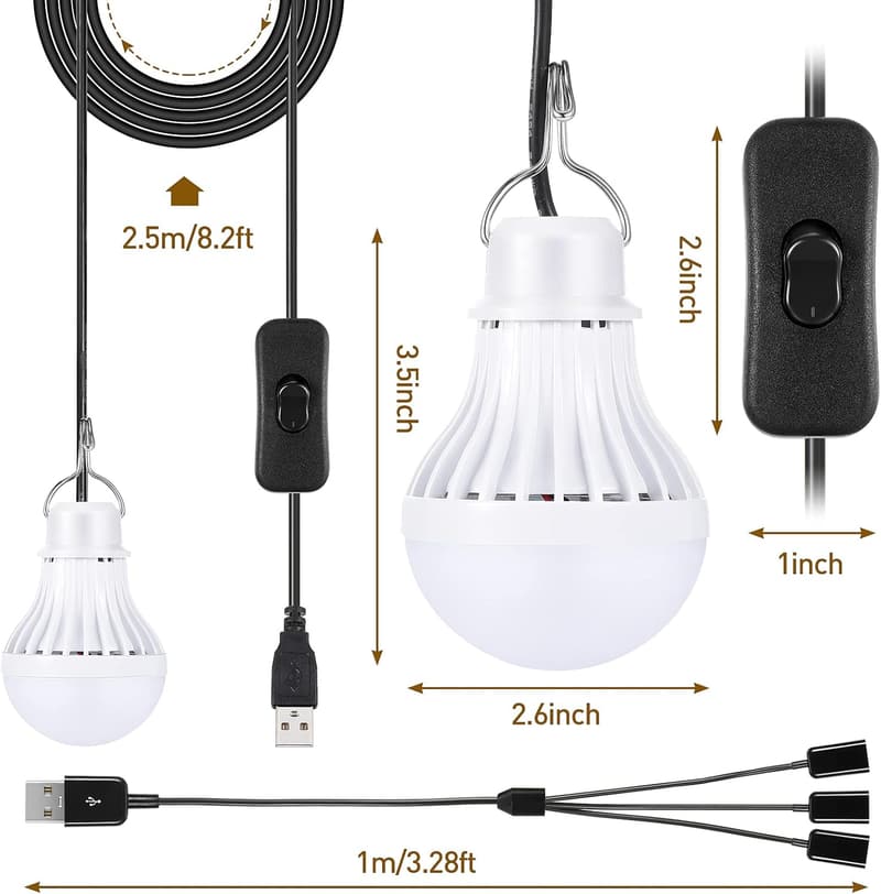 Portable USB LED Camping Lights - 3pcs with 8.2ft Cord