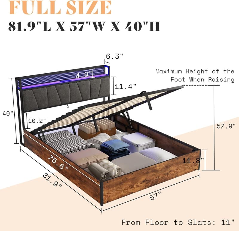 Rustic Brown Upholstered Platform Bed Frame with Storage & LED Light
