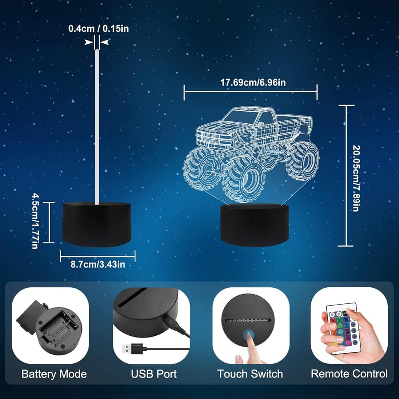 Monster Truck 3D Night Light for Kids, 16 Color Changing
