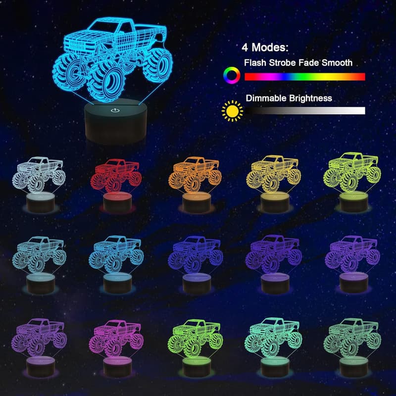 Monster Truck 3D Night Light for Kids, 16 Color Changing