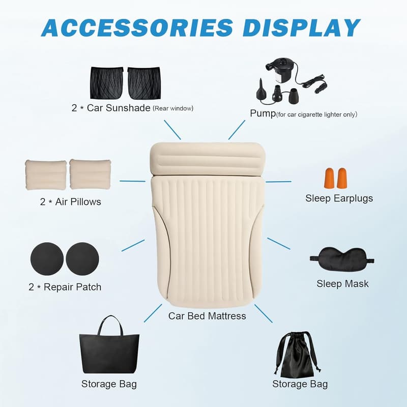 Inflatable Car Bed with Pump & Complete Sleeping Accessories