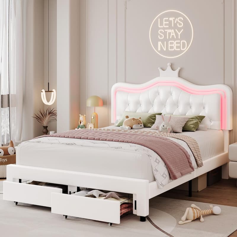 LED Upholstered Bed Frame with Storage Drawer and Crown Headboard