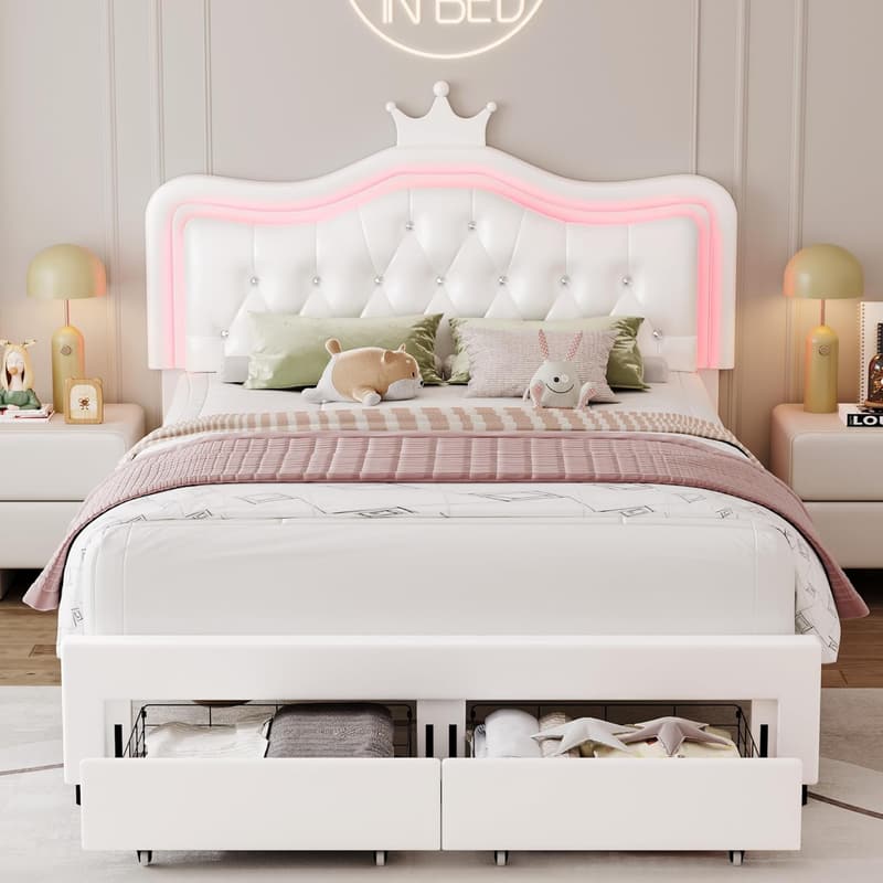 LED Upholstered Bed Frame with Storage Drawer and Crown Headboard