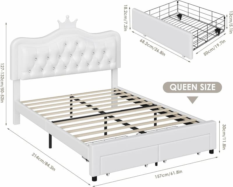LED Upholstered Bed Frame with Storage Drawer and Crown Headboard