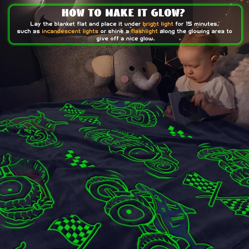 Glow in The Dark Tractor Blanket for Boys - Soft Fleece 50