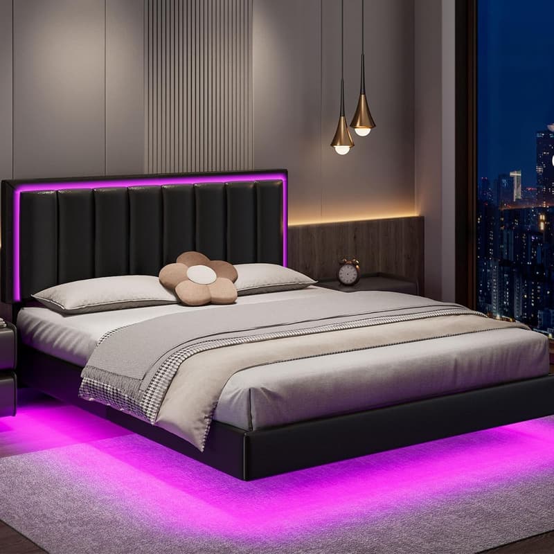 Black Floating Full Bed Frame with LED Lights & Upholstered Headboard