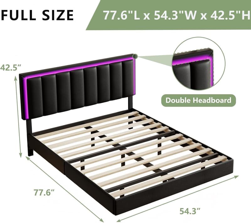 Black Floating Full Bed Frame with LED Lights & Upholstered Headboard