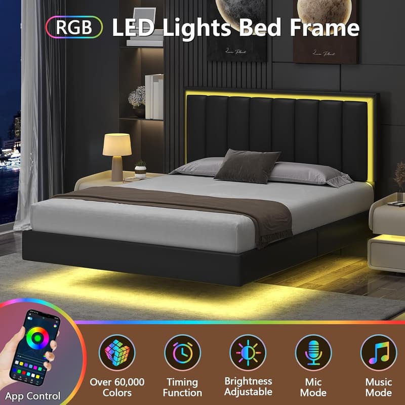 Black Floating Full Bed Frame with LED Lights & Upholstered Headboard