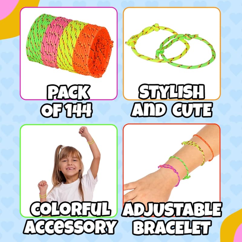 Friendship Bracelets for Kids - Neon Adjustable Woven (Pack of 144)