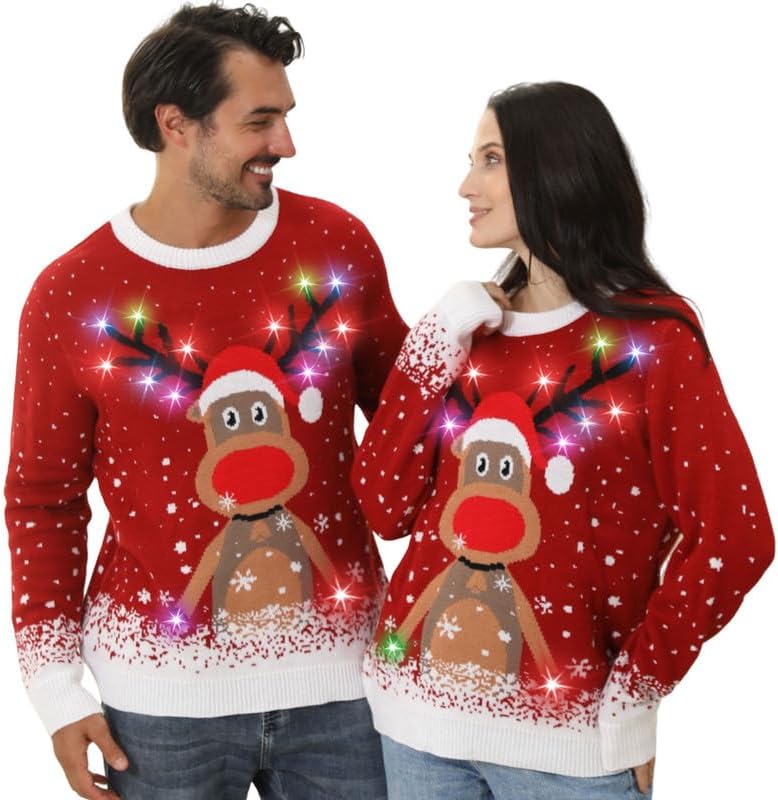 Light-Up Reindeer Christmas Sweater for Couples 2024