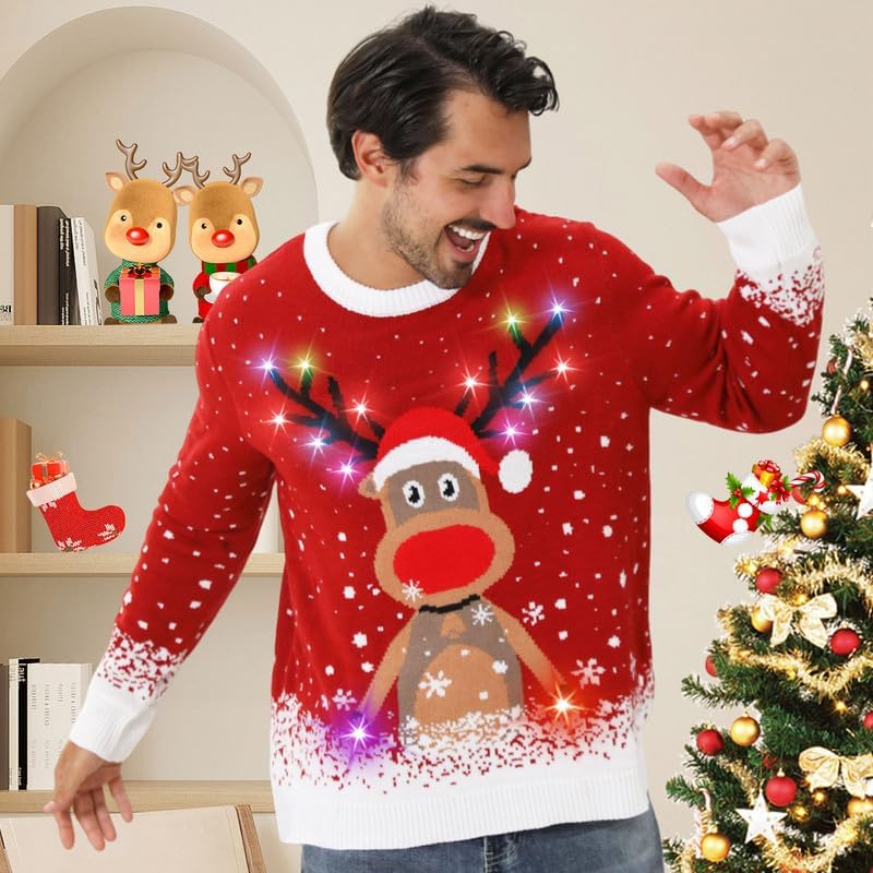 Light-Up Reindeer Christmas Sweater for Couples 2024