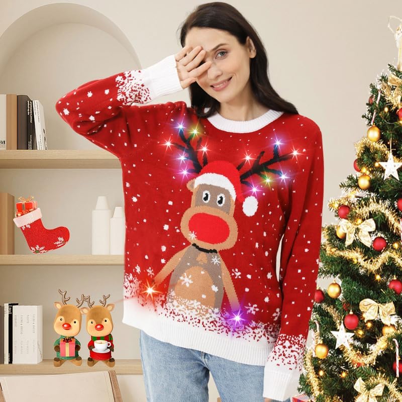 Light-Up Reindeer Christmas Sweater for Couples 2024