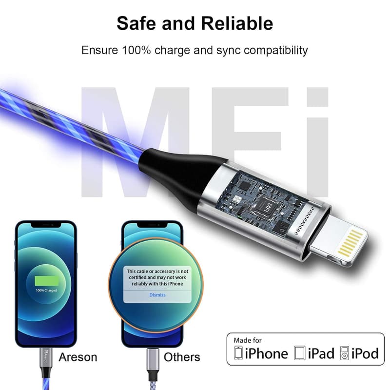 Apple MFi Certified 6ft LED iPhone Charger Cord (Blue)