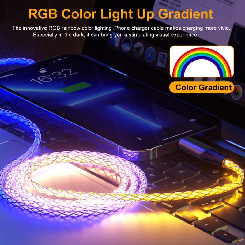 iPhone Fast Charger Cable, MFi Certified RGB Light-Up 3.3ft
