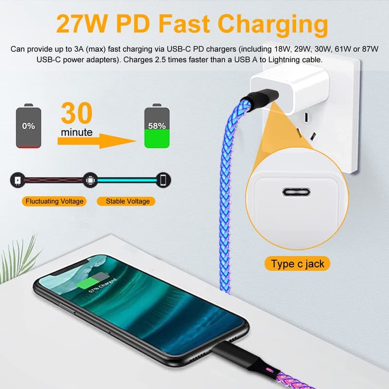 iPhone Fast Charger Cable, MFi Certified RGB Light-Up 3.3ft