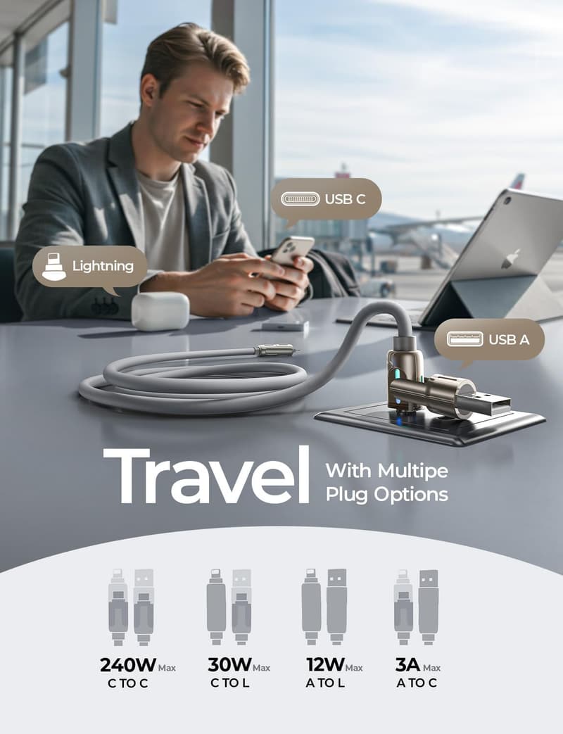 240W 4-in-1 Charging Cable for iPhone & MacBook, 6.6FT