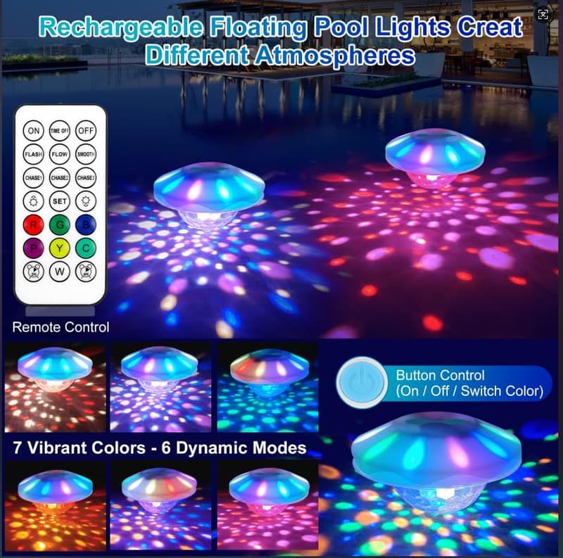 Floating Rechargeable Pool Lights with Remote Control - IP68 Waterproof RGB
