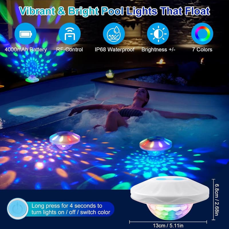 Floating Rechargeable Pool Lights with Remote Control - IP68 Waterproof RGB