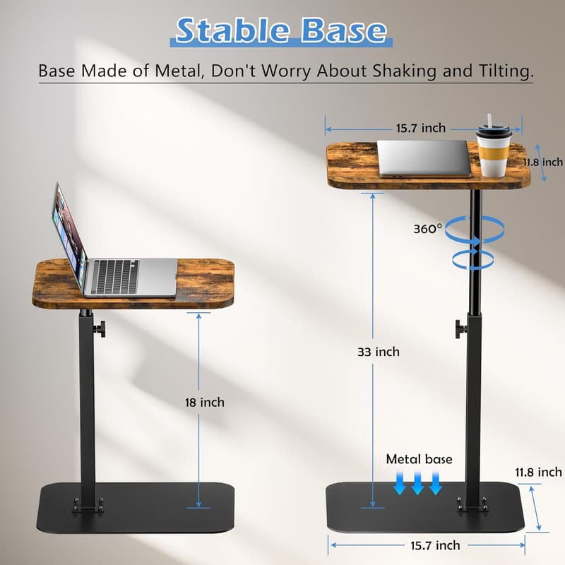 Adjustable C-Shaped Sofa Tray Table with Heavy Metal Base