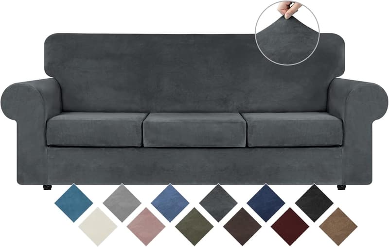 4-Piece Dark Grey Velvet Couch Covers for 3-Cushion Sofas
