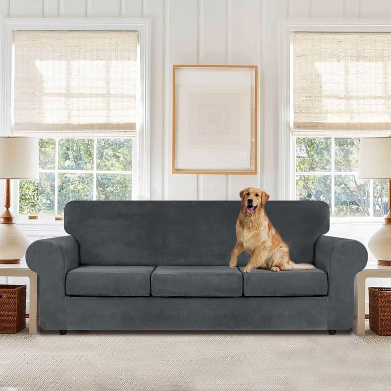 4-Piece Dark Grey Velvet Couch Covers for 3-Cushion Sofas