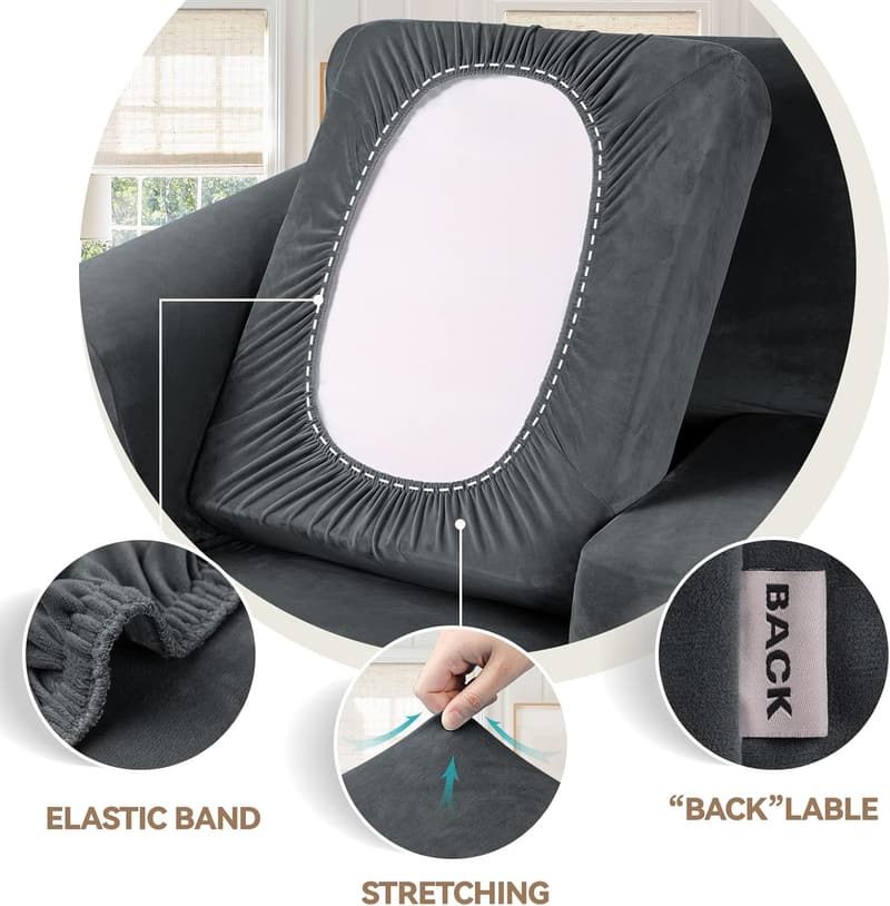 4-Piece Dark Grey Velvet Couch Covers for 3-Cushion Sofas