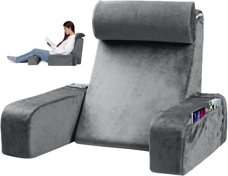 Reading Pillow with Detachable Neck Roll and Arms for Bed Rest