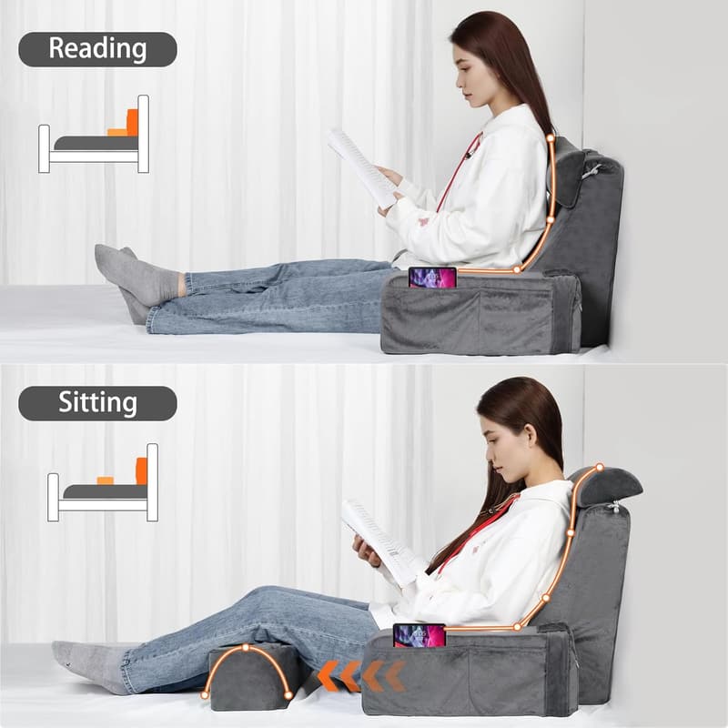 Reading Pillow with Detachable Neck Roll and Arms for Bed Rest