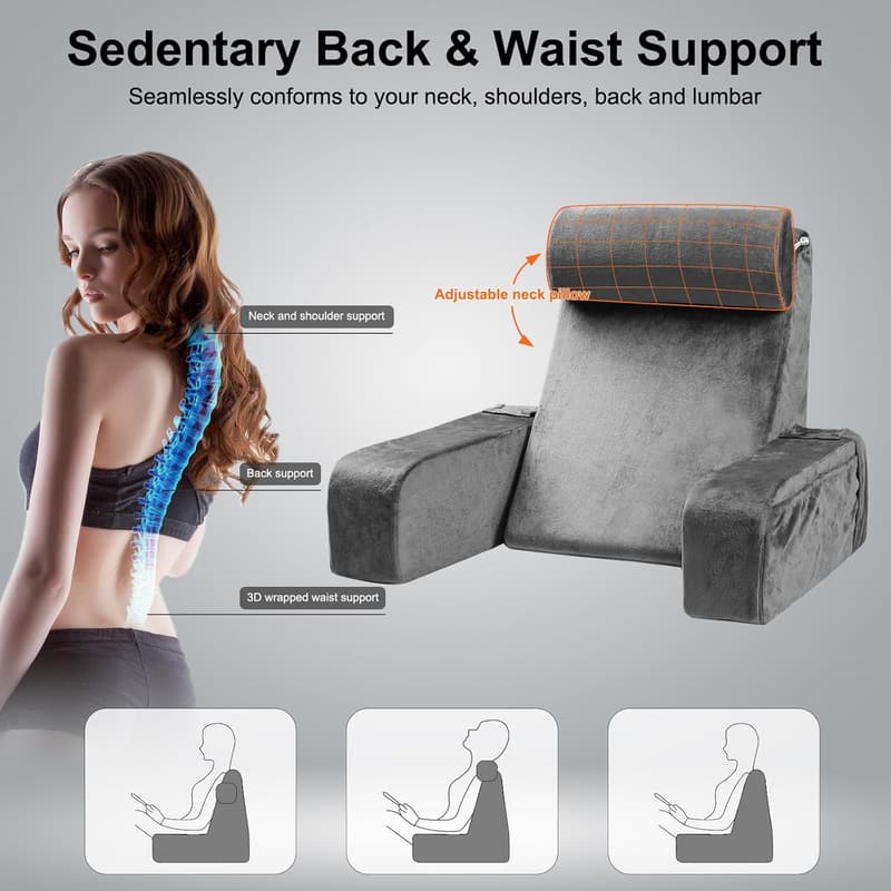 Reading Pillow with Detachable Neck Roll and Arms for Bed Rest