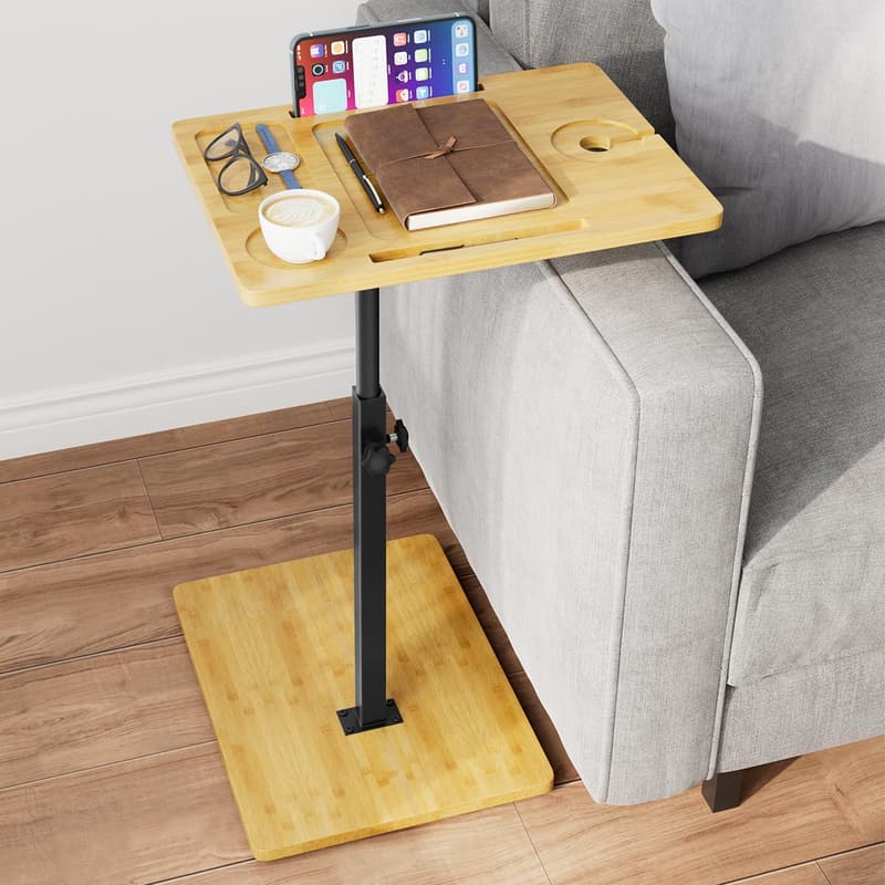 Adjustable Bamboo C Table with 360° Swivel for Couch & Snacks