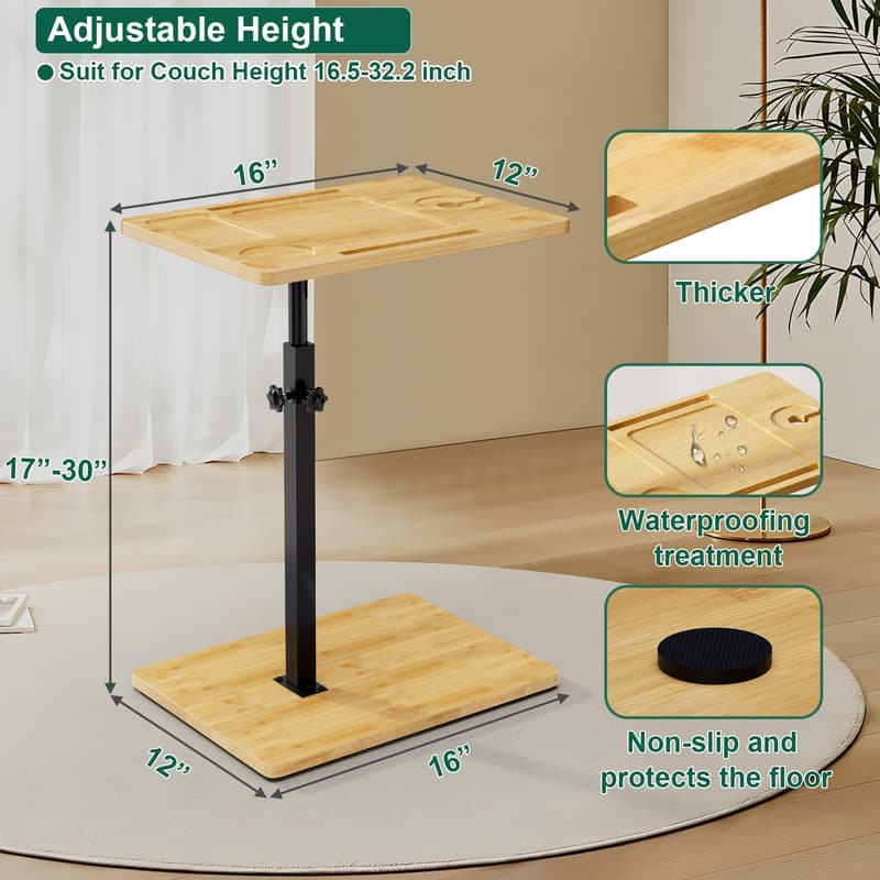 Adjustable Bamboo C Table with 360° Swivel for Couch & Snacks