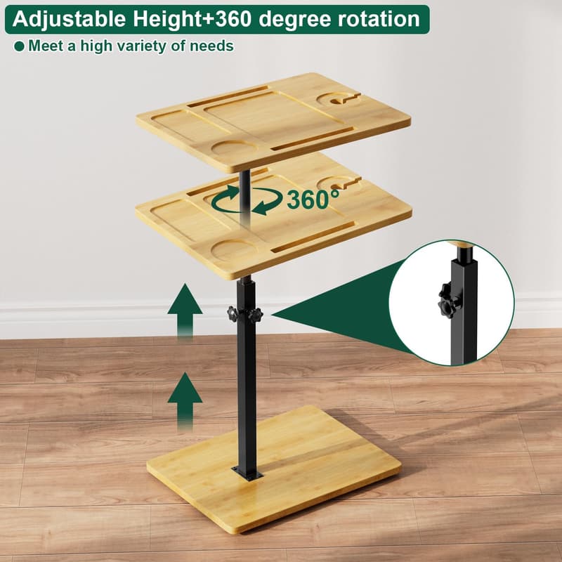 Adjustable Bamboo C Table with 360° Swivel for Couch & Snacks