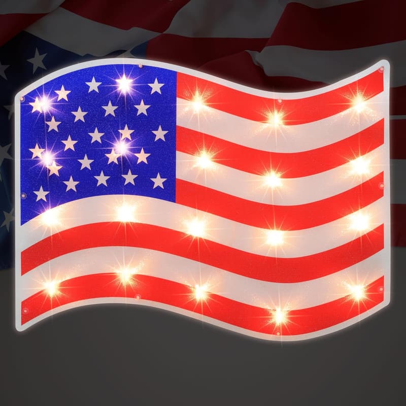 Lighted Holographic American Flag Window Decoration - Patriotic Decor