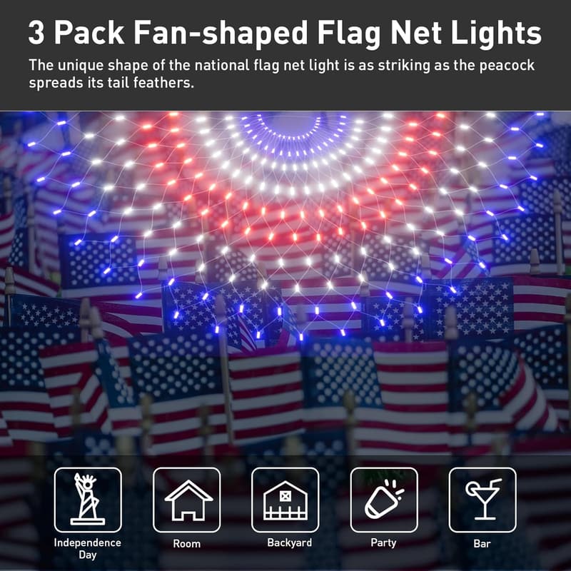 Independence Day 3-Pack LED American Flag String Lights