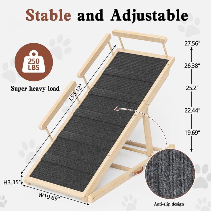 Adjustable Wooden Dog Ramp for Beds, Couches & Cars, 250 lbs