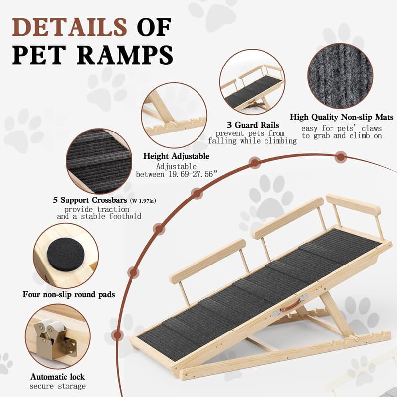 Adjustable Wooden Dog Ramp for Beds, Couches & Cars, 250 lbs