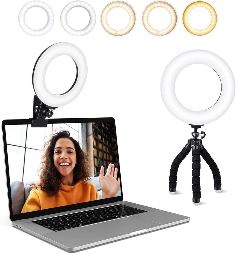 Webcam Ring Light Clip-on with 5 Color Modes & Brightness Levels