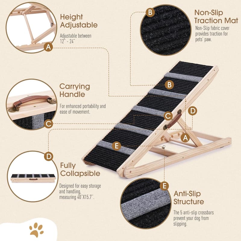 Adjustable Wooden Pet Ramp for Dogs & Cats – Non-Slip, 40
