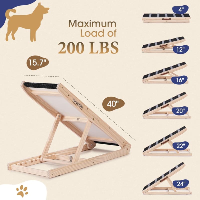 Adjustable Wooden Pet Ramp for Dogs & Cats – Non-Slip, 40