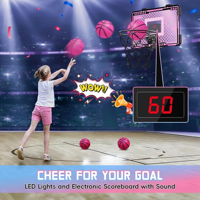 Pink Indoor Basketball Hoop with Scoreboard for Kids 4+