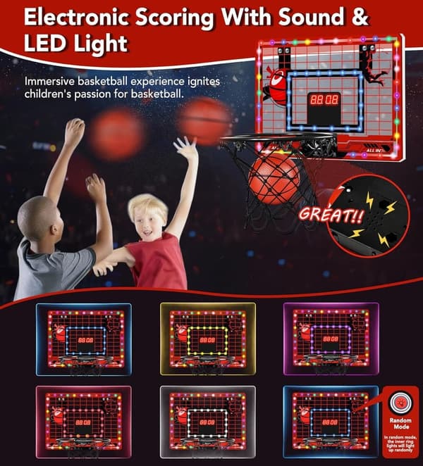 Indoor Mini Basketball Hoop with LED Light & Scoreboard for Kids
