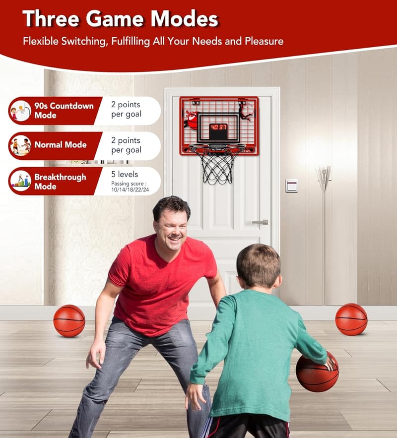 Indoor Mini Basketball Hoop with LED Light & Scoreboard for Kids